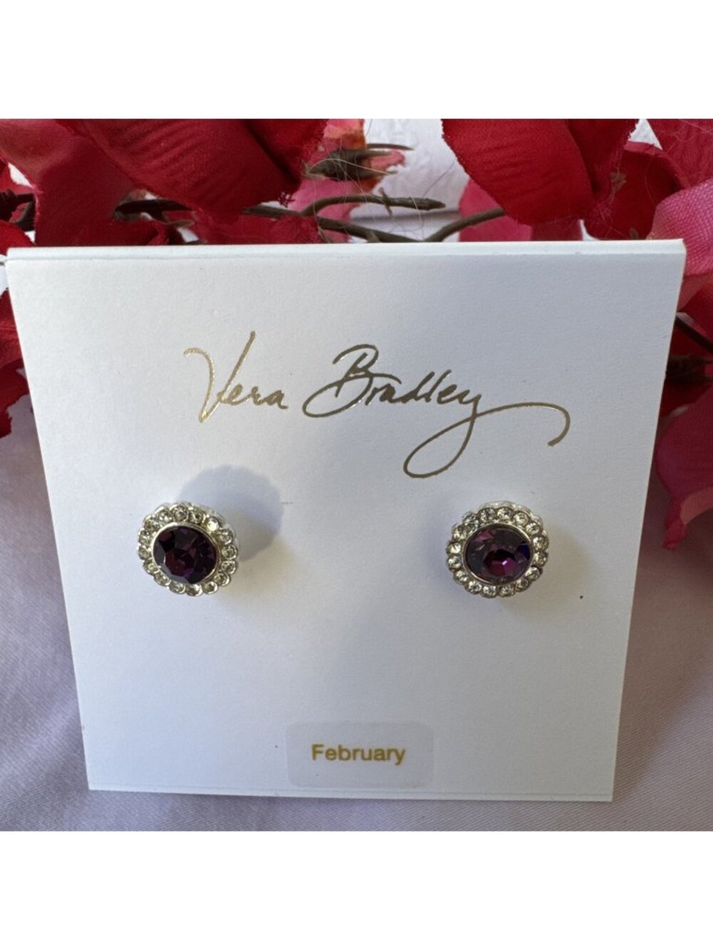 Vera Bradley Amethyst February Stud Earrings Silver-tone Nickel Free NWT $28